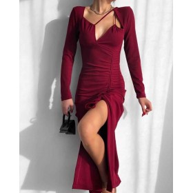 113263 TOPTAN BORDO ELBİSE